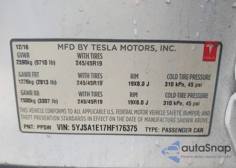 2017 Tesla Model S 60/75 from USA, damaged, VIN 5YJSA1E17HF176375